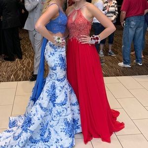 Red embroidered flowy prom dress